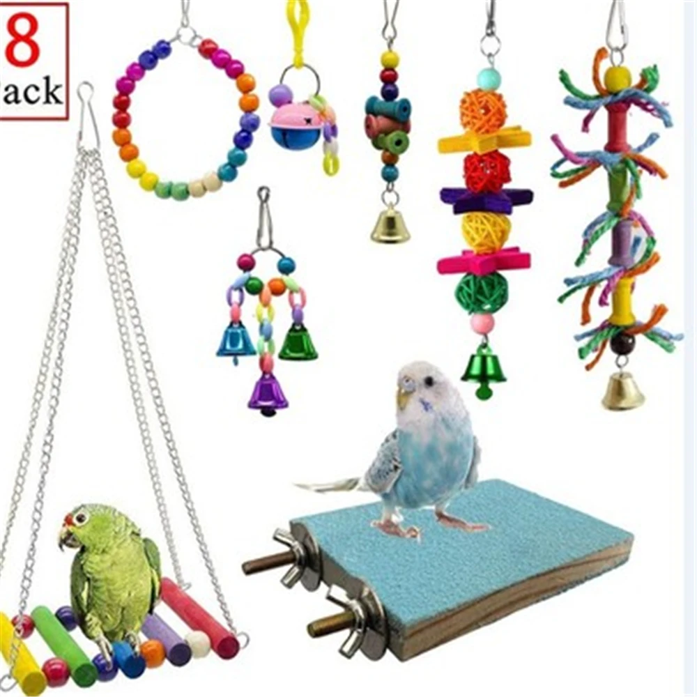 

Parrot Toys Set Wooden Parakeet Swing Birds Colorful Beads Hanging Rings Pet Springboard Birds Climbing Rope Bell String Toys