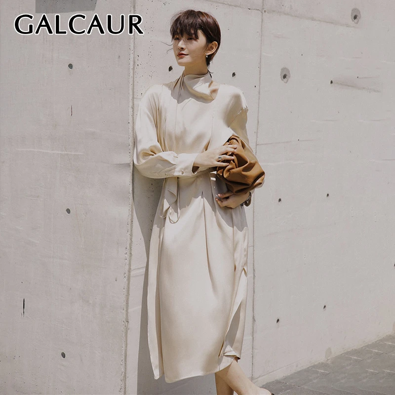 GALCAUR элегантные атласные женские платья водолазка с длинным рукавом Высокая