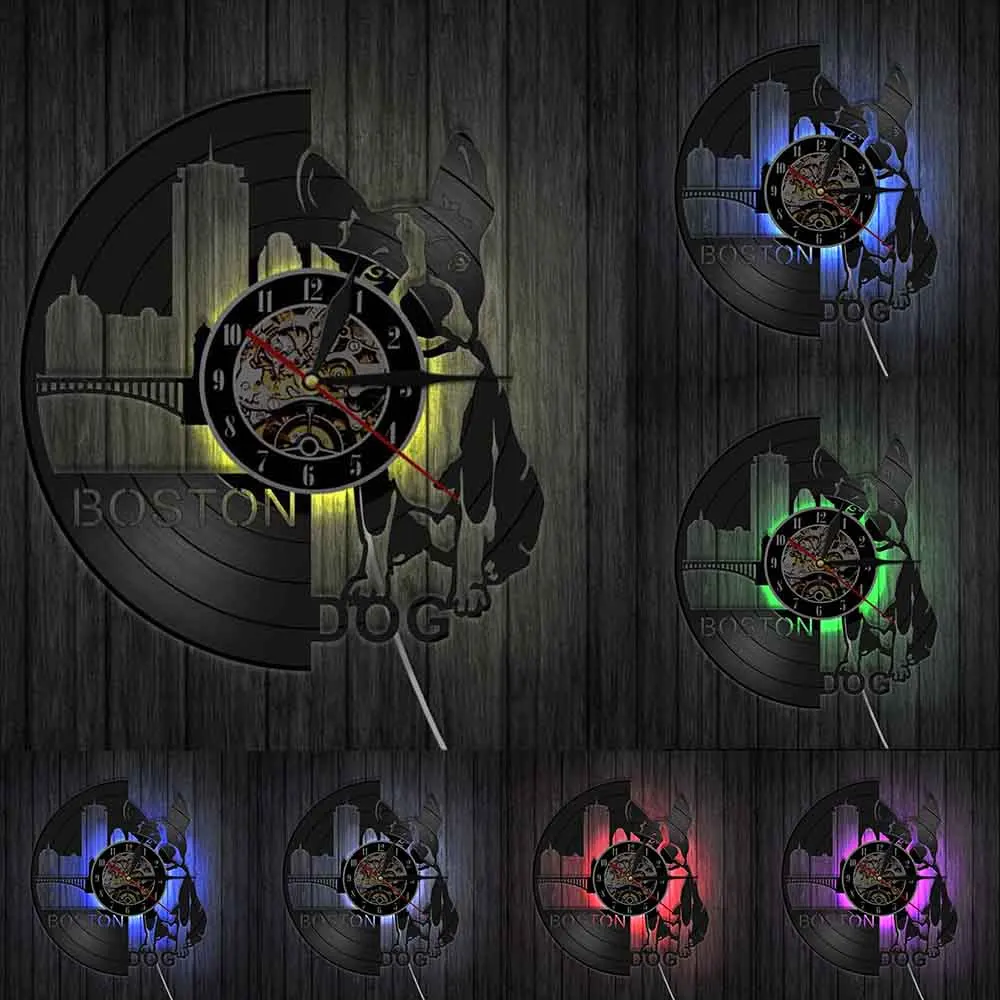 Фото Настенные часы Boston Dog: милый щенок, тень, виниловая пластинка, 3D-часы, современный дизайн, бесшумный декор для детской комнаты №5