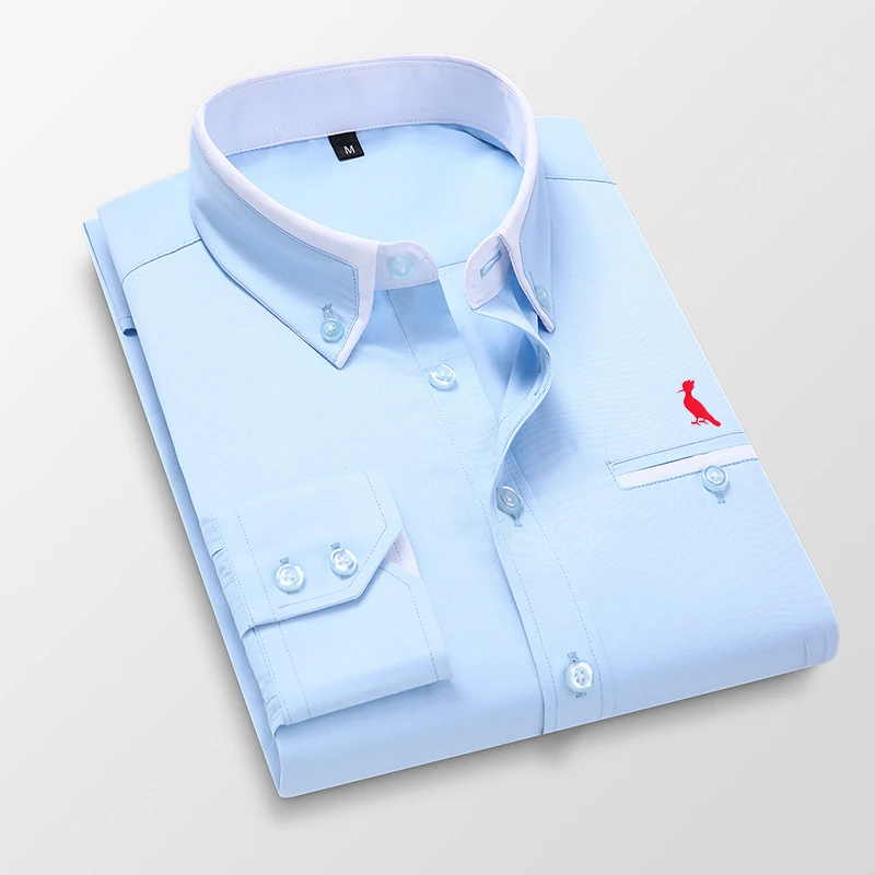 New  High Quality Men's Shirt Long Sleeve Twill Pure Color Striped Dress Business Office Casual Shirt