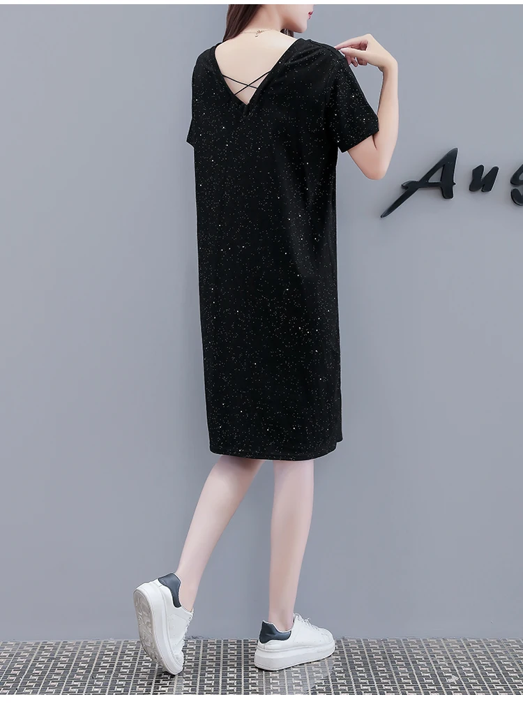 

MissLymi M-4XL Plus Size Women Black Glitter Dresses Summer 2021 Korean Fashion Short Sleeve Loose Elegant Backless Dress Female