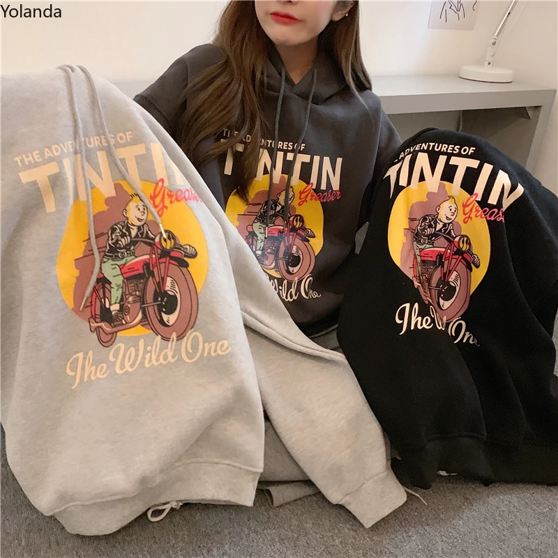 

Женская флисовая толстовка в стиле Харадзюку, с капюшоном и мультяшным принтом