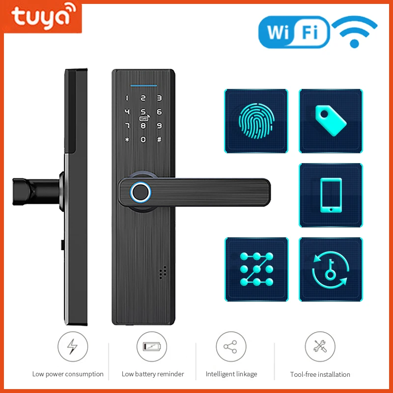 

Wifi Electronic Smart Door Lock With Tuya App, Security Biometric Fingerprint Lock Password RFID Card