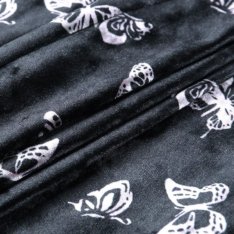 

Black Vintage Velvet Skirt Sexy Butterfly Print Skirts Womens Streetwear High Waist Korean Mini Skirt Split Saia Fashion New