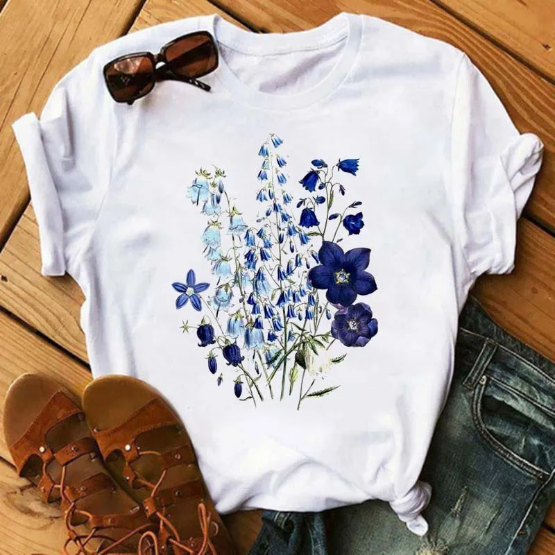 

New Flower Print Women T Shirt 90s Aesthetic Oversized Female Tops Fashion Floral Graphic Printed Tee Girls Clothes Shirts
