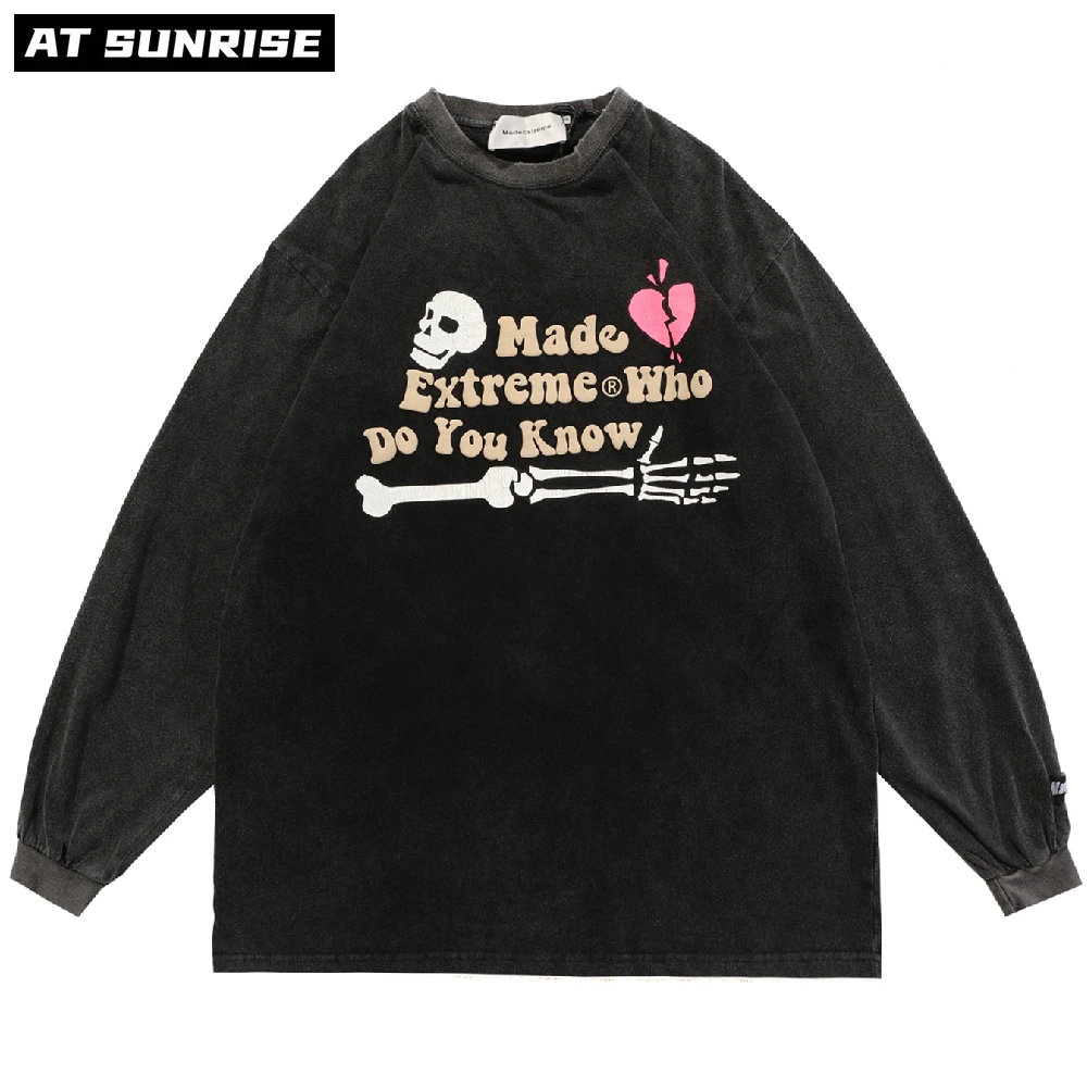 

Футболка мужская оверсайз с длинным рукавом, уличная одежда в стиле Харадзюку, футболка с надписью Черепа скелета, хлопковая Свободная руба...