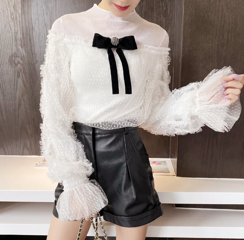 

2020 Autumn Fashion Sweaters High Quality Pullovers Women Sexy Tulle Mesh Lace Knitted Patchwork Flare Sleeve White Black Jumper