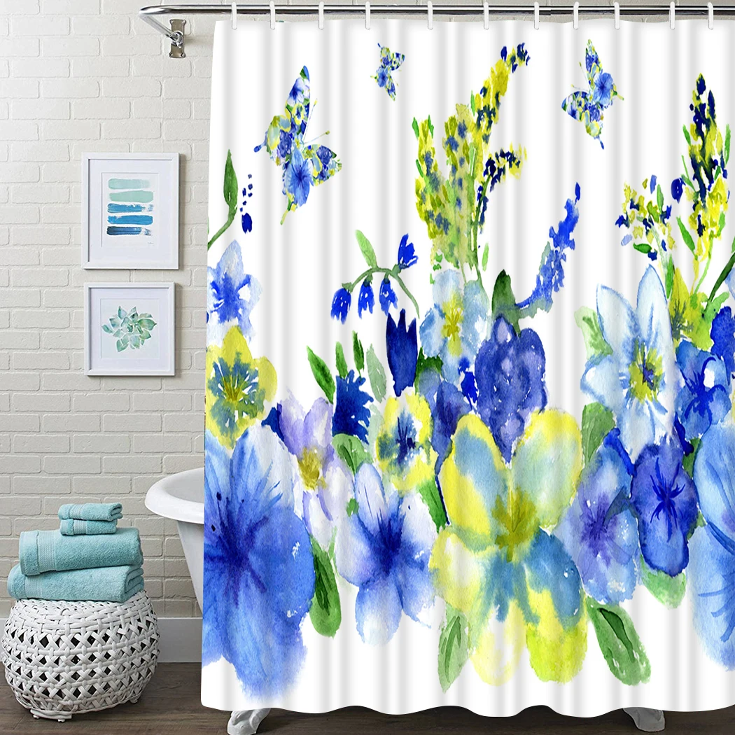 

Yellow Shower Curtain Tropical Flower Stripes Shower Curtain Waterproof Fabric For Bathroom Decor Shower Curtains Set With Hooks