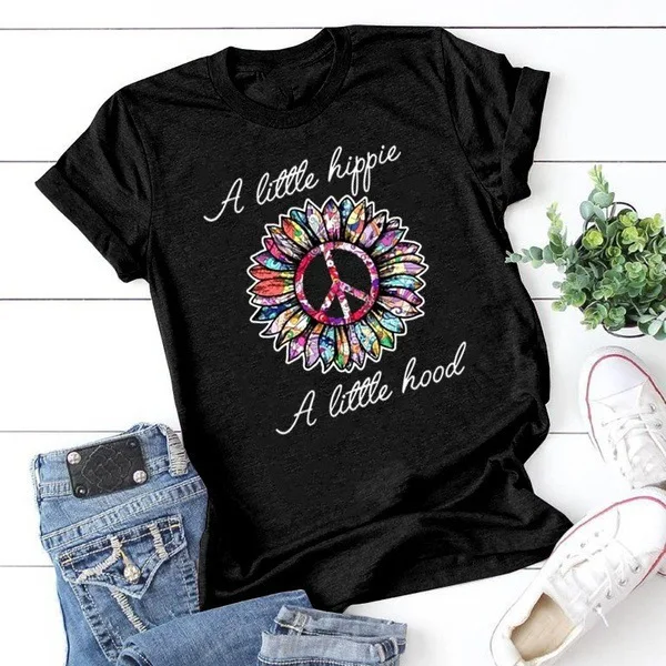 

A Little Hippie A Little Hood Letter Print T Shirt Women Short Sleeve O Neck Loose Tshirt Summer Women Tee Shirt Tops Mujer