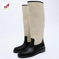 cozok luxury brand women knee high boots mixed colors retro chunky heels long boots flat 2022 spring new office lady footwear