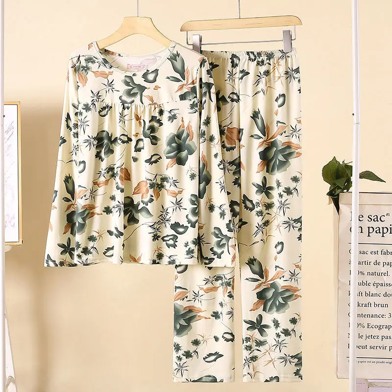 

Plus Size Loose Pajamas For Women Print O Neck Long Sleeve Trousers Set Oversized Fat MM Home Clothes Autumn Winter Sleepwear