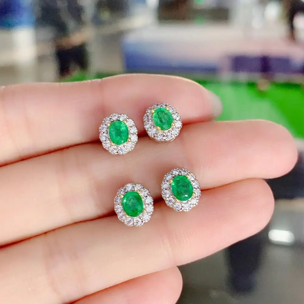 

SHILOVEM 925 sterling silver real Natural Emerald stud earrings classic fine Jewelry women wedding gift 4*5mm de0405103agml