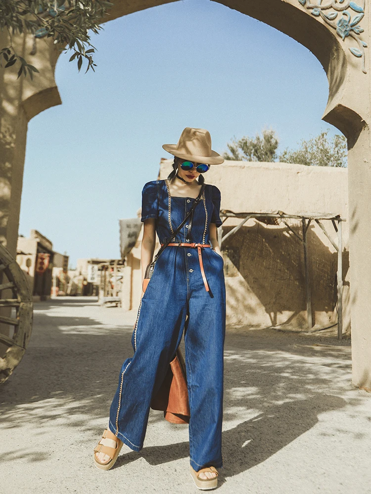 Jumpsuit Women Spring Summer Thin Washed Cotton Denim Soft Wide Leg Pants Casual Breif Daily Ribbon Jeans Jumpsuit Overalls