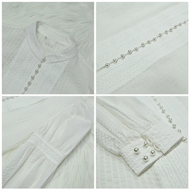 

French Vintage White Pearl Button Puff Long Sleeve Shirt Women Autumn New Stand collar All-matching Slim Blouse Tops Female