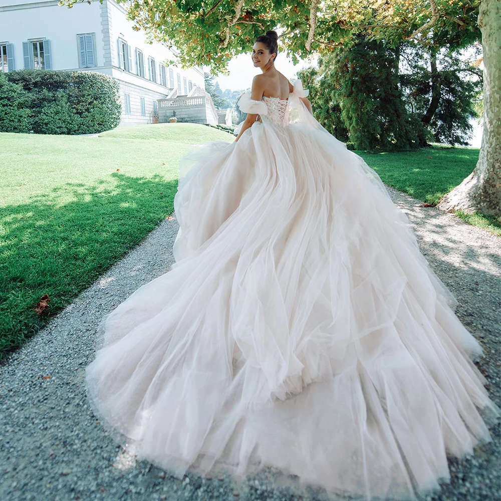 

Gorgeous Beading Lace Tulle Wedding Dresses With 2 Sleeve Style Shoulder Straps Princess Bridal Gowns Vestidos Mariee