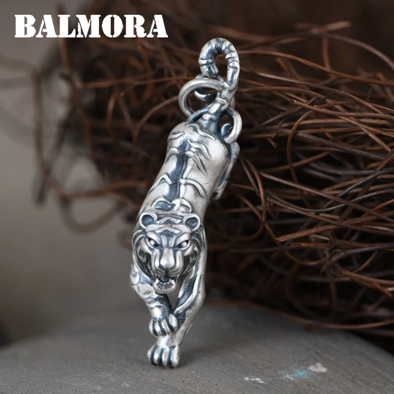 

BALMORA 100% S990 Pure Silver Domineering 3D Tiger Pendant For Men Animal Vintage Pendant Thai Silver Jewelry Gift Without Chain