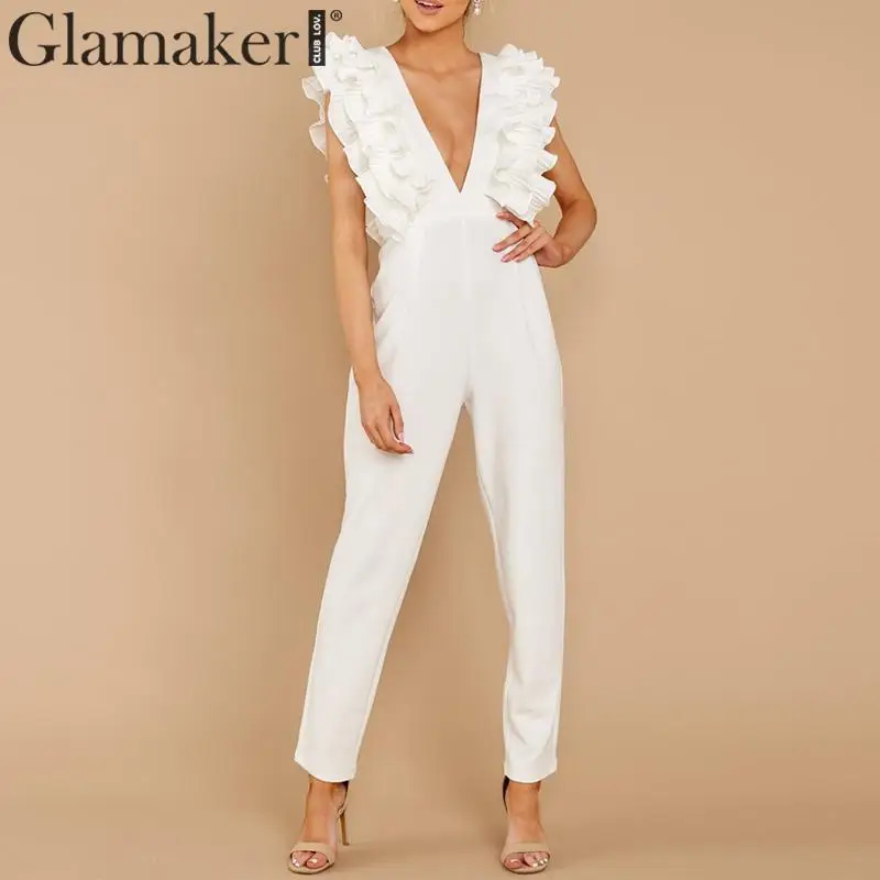 Женский Длинный комбинезон с рюшами Glamaker белый Облегающий открытой спиной и v