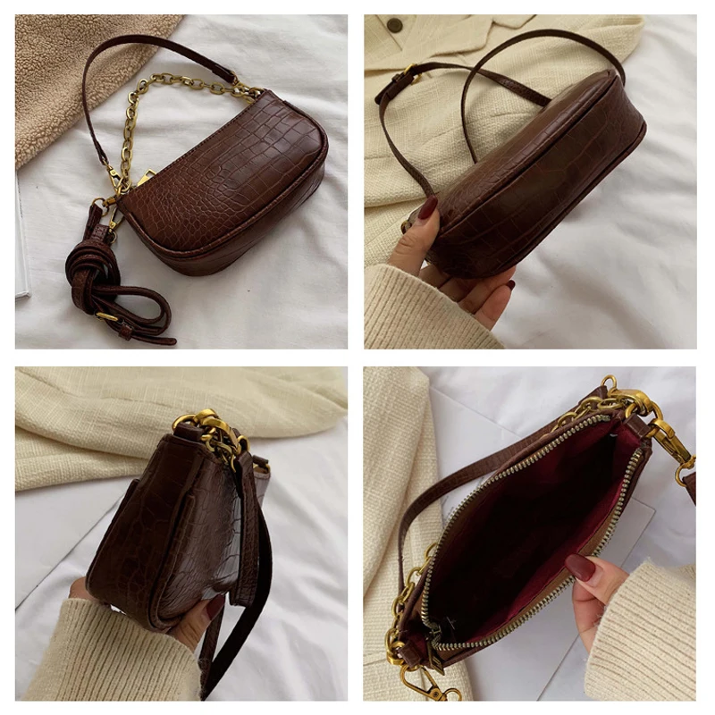 Женская винтажная сумка багет кожаная женская через плечо с крокодиловым узором