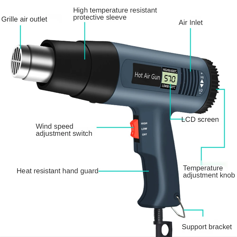 2000W Heat Gun Professional Heavy Duty Hot Air Kit Variable Temperature Control for DIY Stripping Paint Shrinking PVC home | Инструменты