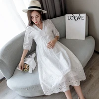 1695 v neck high waist slim maternity party dress sweet lovely hollow out cotton clothes for pregnant women summer pregnancy