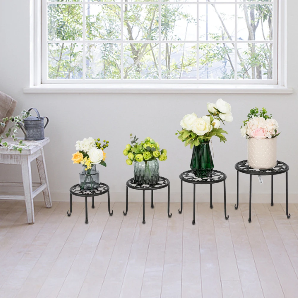 

Black Plant Pot Stand Flower Metal Shelves Iron Pot Crafts Household Painted Round Shape Organizer Garden Accessories