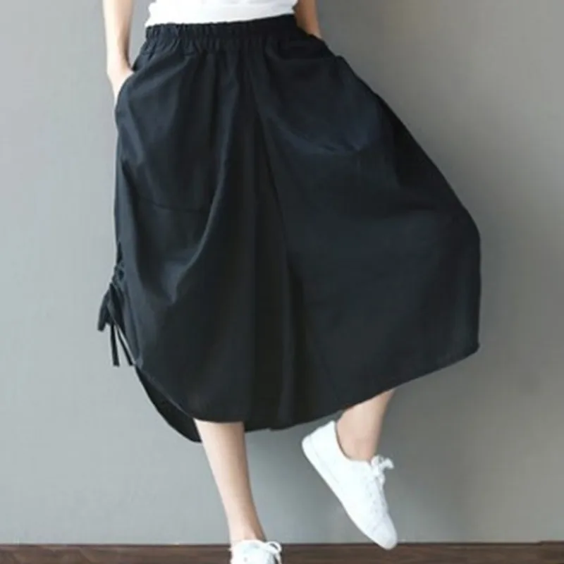 

Cotton Linen New Printed Wide Leg Pants Ethnic Style Large Size Women Pants Elastic Waist Linen Cropped Pants Streetwear