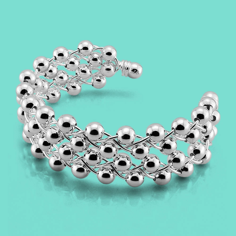 

Creative Women's 925 Silver Bracelet 13-20MM Solid Silver Bead Bangle Open Design Freely Adjustable Party Charm Jewelry