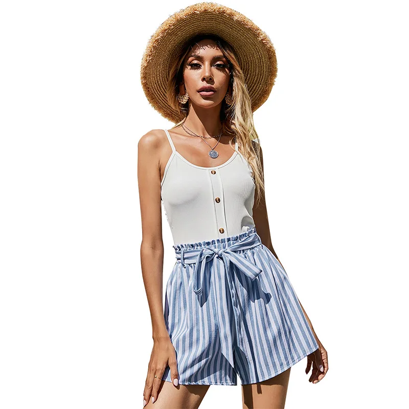 

2021 Summer New Women's Casual Camisole Single-Breasted Striped Shorts Tie Suit Women