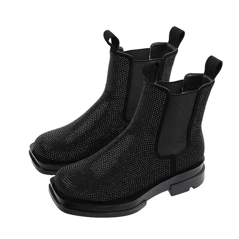 

Chelsea boots woman winter boots women shoes bling rhinestone luxury shoes women boots square toe black boots plush ankle boots