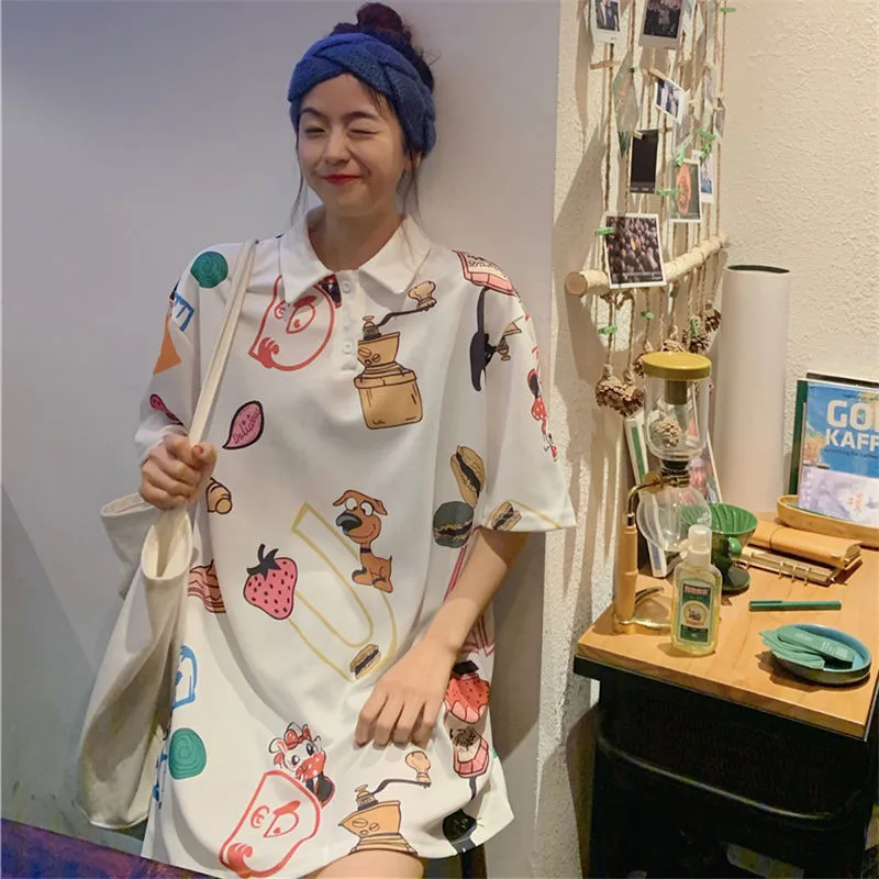 

Женская уличная футболка, белая свободная футболка с мультяшным принтом на лето