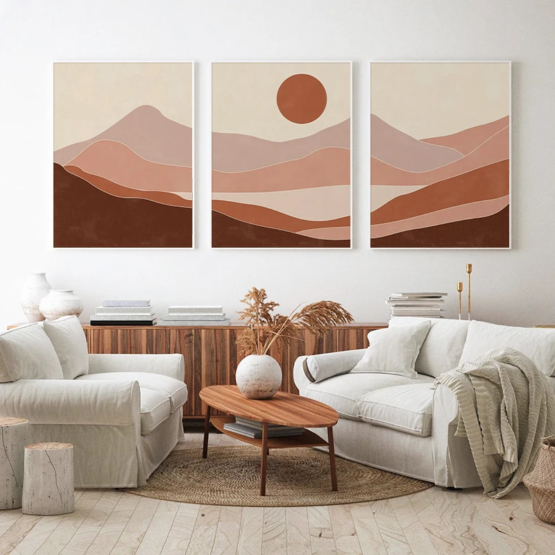 

Mid Century Sunset Mountain Lake Abstract Landscape Poster Canvas Painting Print Wall Art Boho Pictures for Living Room Decor