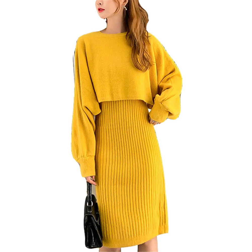 Осеннее платье OLN корейский vestidos Новое поступление Зимний трикотажный шерстяной костюм платье-свитер женский из двух предметов - Цвет: Цвет: желтый