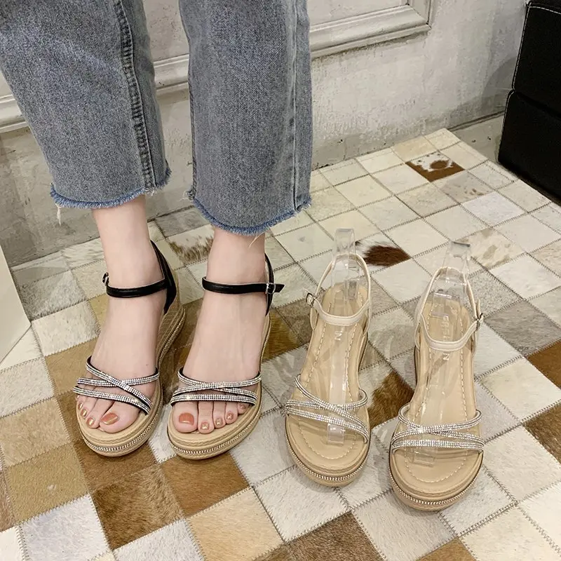 

Rhinestone Sandals High Heels 2021 Women's Increasing Height Muffins shoe Shallow Mouth Female Shoe Clogs Wedge High-heeled New