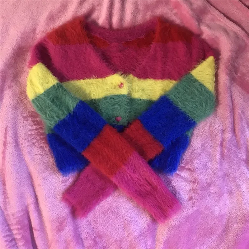 Ins стильный Радужный Укороченный кардиган женский свитер осень 2019 Harajuku Lazy Oaf