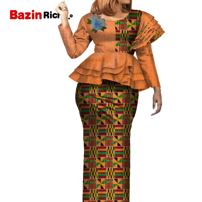 Fashion Patchwork Long Sleeve  Dashiki Skirt Suit African Bazin Fabric Plus Size African Women Skirt Set WY7905