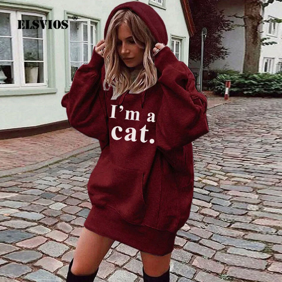 ELSVIOS Милый рисунок с кошкой Длинный свитшот платье для женщин 2019 осень-зима