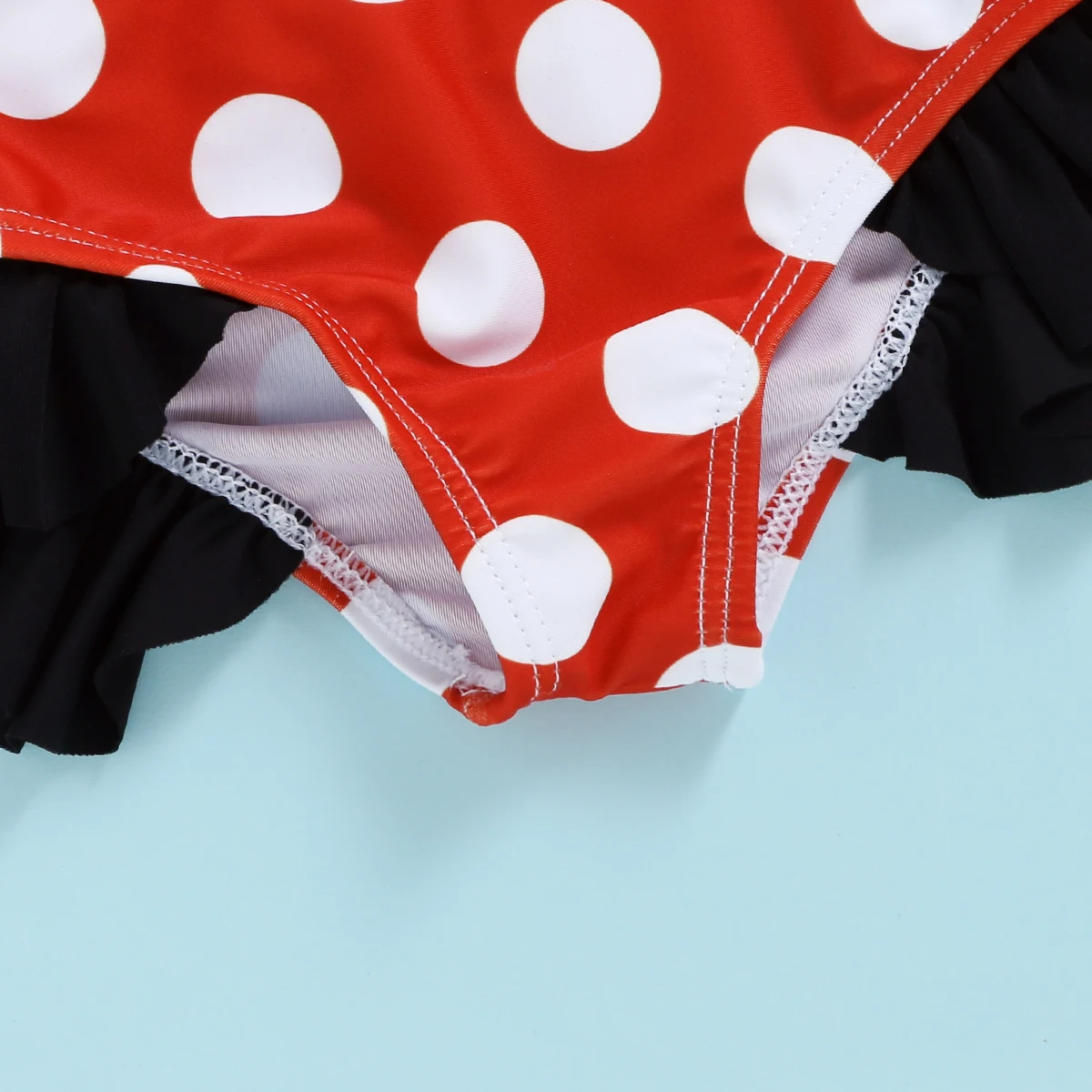 Купальник для девочек красный в горошек из двух частей с бантом и рюшами пляжная