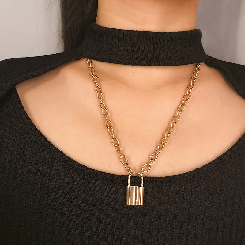 

Popular Stainless Steel Silver Color Pad Lock Pendant Necklaces Link Chain Lock Necklaces Collar jewelry for Women and Men