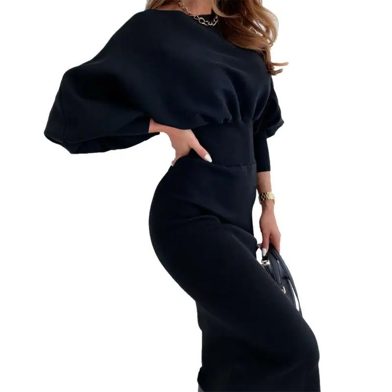 Женское платье элегантное облегающее однотонное с рукавами-фонариками круглым