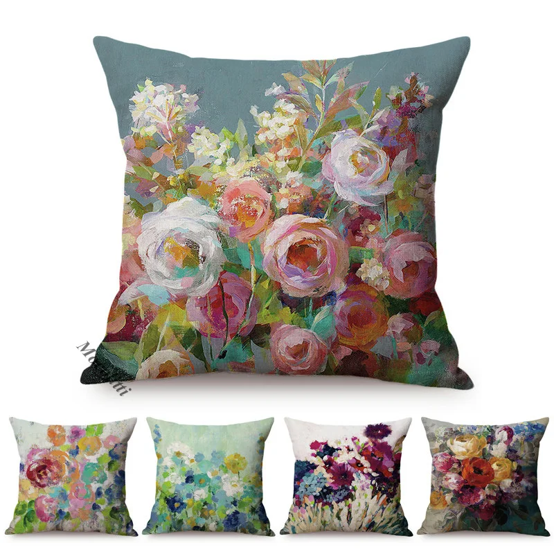 

Floral Oil Painting Europe Vibe Home Decor Chair Cushions Cover Cherry Blossoms Summer Garden Sofa Pillow Case Linen Kussenhoes