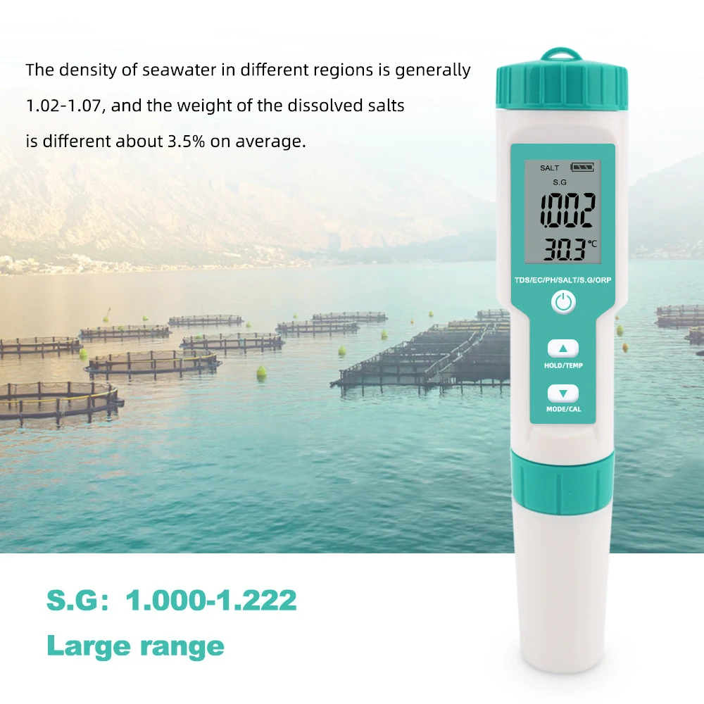 

Water Quality Tester for Hydroponics Aquariums 7 in 1 PH Meter TDS ORP Detector S.G Measure Salinity Test Pen Temp EC Monitor