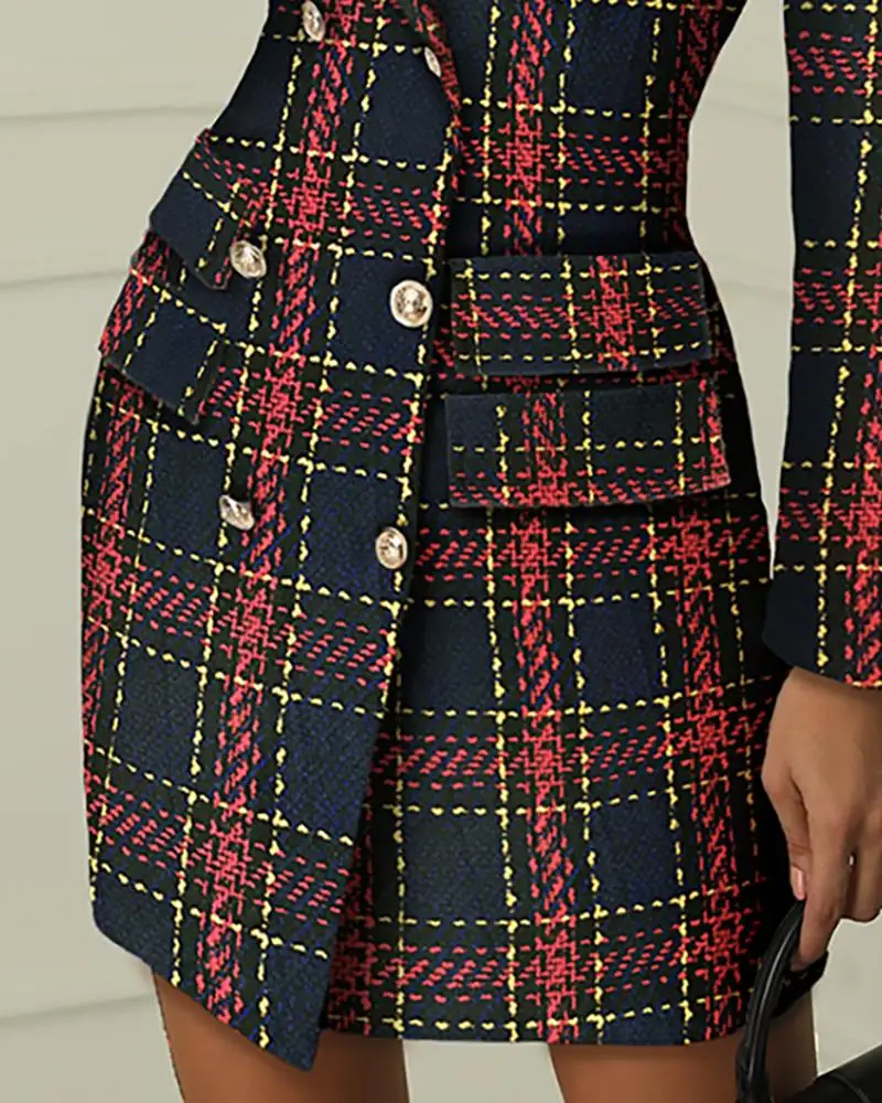 

Striped Grid Double Breasted Blazer Dress Women Plaid Print Pocket Elegant Work Wear Dresses