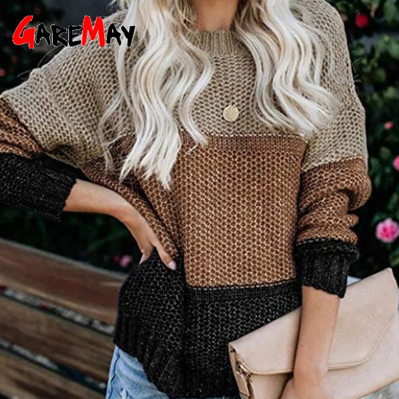 Повседневный вязаный свитер с цветными блоками женский джемпер осенние