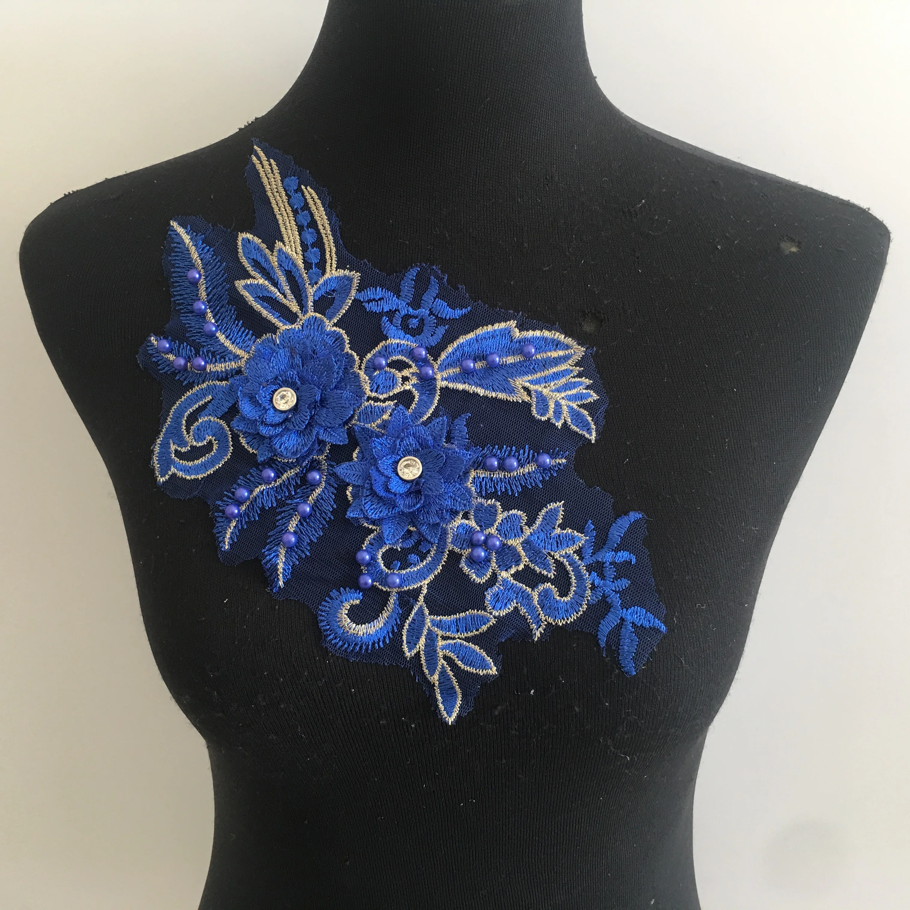 Синий 3D трехмерный цветок украшение ABC жемчуг стразы ткань вышивка DIY Одежда