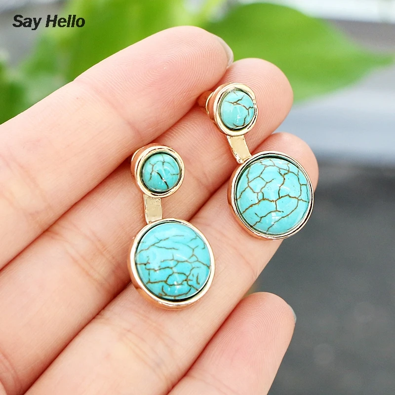 SAY HELLO Boho Green Turquoises Round Stud Earrings for Women Female Metal Stone Geometric Dangle Drop Brinco E40210 | Украшения и