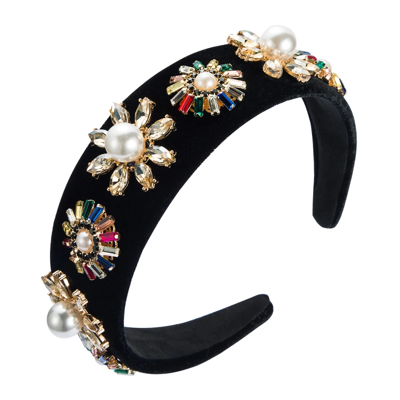 

Vintage Baroque Multi Color Crystal Flower Headband Elegant Simulated Pearl Beaded Black Velvet Hairband Girls Party Headpieces
