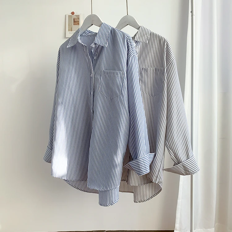 Новинка женские рубашки с длинным рукавом блузка свободная полосатая женская