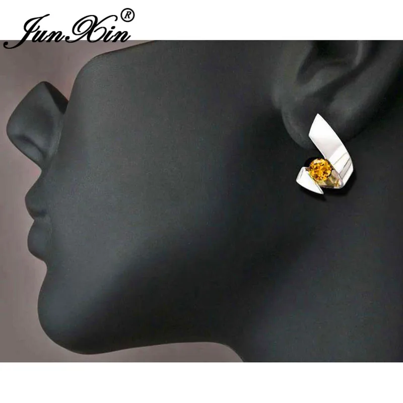 Irregular Purple Blue White Yellow Crystal Geometric Stud Earrings For Women 925 Silver Color Round Zircon Stone Earring Jewelry