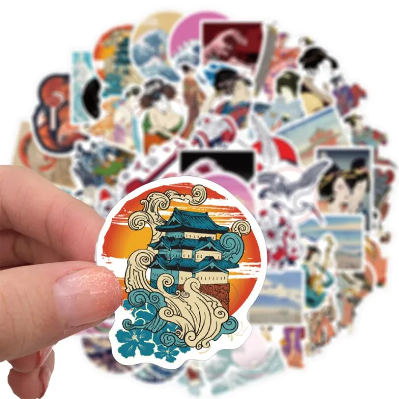 Ukiyo-e Wave-pegatinas de dibujos animados para ordenador port&aacute;til, grafiti, equipaje, impermeable, sin adhesivo, 10/30 / 50 Uds., Jap&oacute;n, venta al por mayor-3