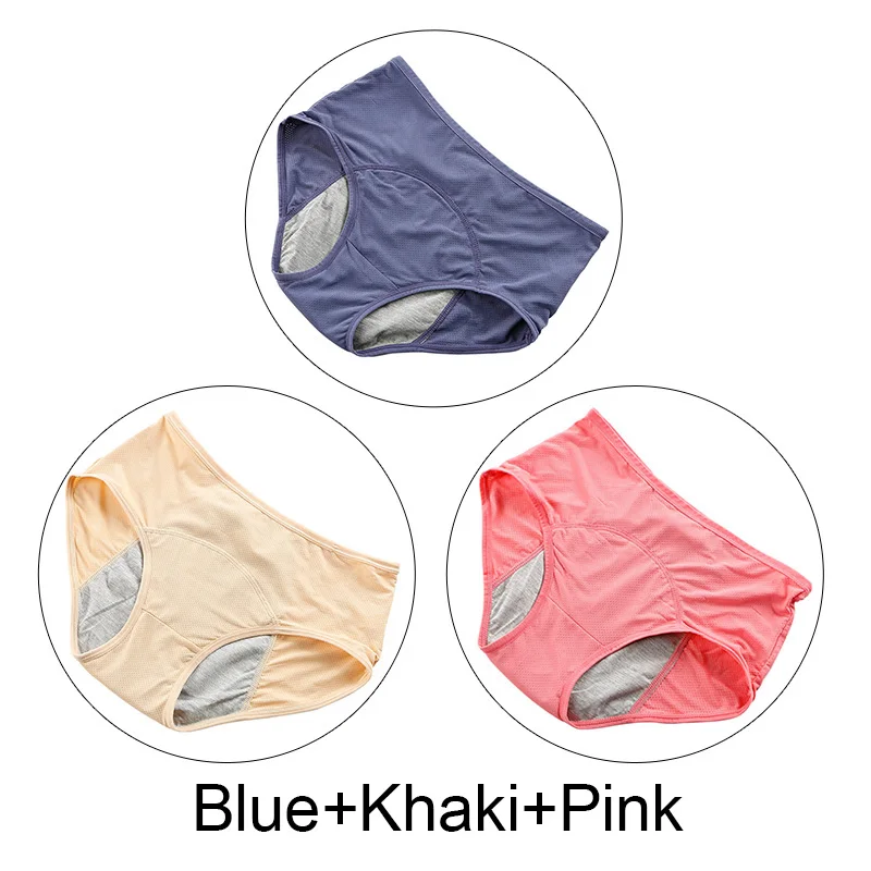 Blue Khaki Pink 3 шт./лот 5XL плюс Размер менструальные трусики женское нижнее белье хлопок период герметичные трусы период физиологические трусики нижнее белье - Цвет: Blue Khaki Pink